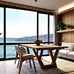 **Prompt:** A modern apartment interior in Istanbul, featuring ergonomic furniture, a foldable coffee table transforming into a dining table, large windows showcasing the Bosphorus, and wooden wall panels for a warm, natural atmosphere. Incorporate indoor plants and soft, diffused lighting.