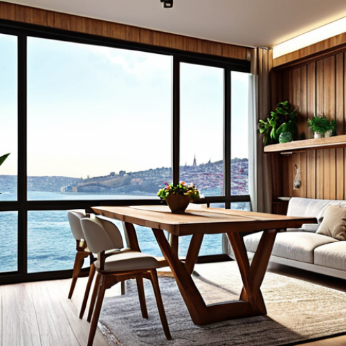 **Prompt:** A modern apartment interior in Istanbul, featuring ergonomic furniture, a foldable coffee table transforming into a dining table, large windows showcasing the Bosphorus, and wooden wall panels for a warm, natural atmosphere. Incorporate indoor plants and soft, diffused lighting.
