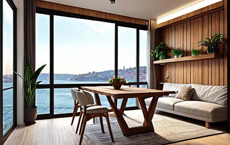 **Prompt:** A modern apartment interior in Istanbul, featuring ergonomic furniture, a foldable coffee table transforming into a dining table, large windows showcasing the Bosphorus, and wooden wall panels for a warm, natural atmosphere. Incorporate indoor plants and soft, diffused lighting.