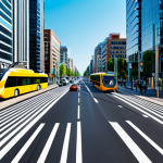 A modern, professional image of a bustling city intersection at daytime, showcasing advanced smart transportation systems. Sleek smart traffic lights with digital displays dynamically adjust, guiding the smooth flow of fully clothed commuters and professional individuals. Clean, modern public transportation vehicles, like buses and trams, are visible navigating the well-maintained roads. The urban environment features contemporary architecture and digital signage indicating real-time traffic optimization. The scene embodies efficiency and technological integration in a vibrant city. safe for work, appropriate content, fully clothed, professional, modest clothing, perfect anatomy, correct proportions, natural pose, well-formed hands, proper finger count, natural body proportions.