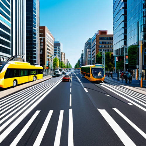 A modern, professional image of a bustling city intersection at daytime, showcasing advanced smart transportation systems. Sleek smart traffic lights with digital displays dynamically adjust, guiding the smooth flow of fully clothed commuters and professional individuals. Clean, modern public transportation vehicles, like buses and trams, are visible navigating the well-maintained roads. The urban environment features contemporary architecture and digital signage indicating real-time traffic optimization. The scene embodies efficiency and technological integration in a vibrant city. safe for work, appropriate content, fully clothed, professional, modest clothing, perfect anatomy, correct proportions, natural pose, well-formed hands, proper finger count, natural body proportions.